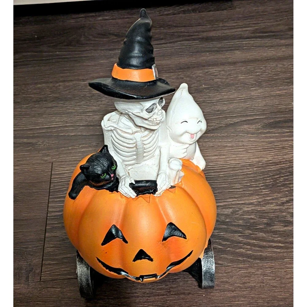 Halloween Resin Figurine Skeleton Witch Hat Pumpkin w/ Black Cat & Ghost Painted